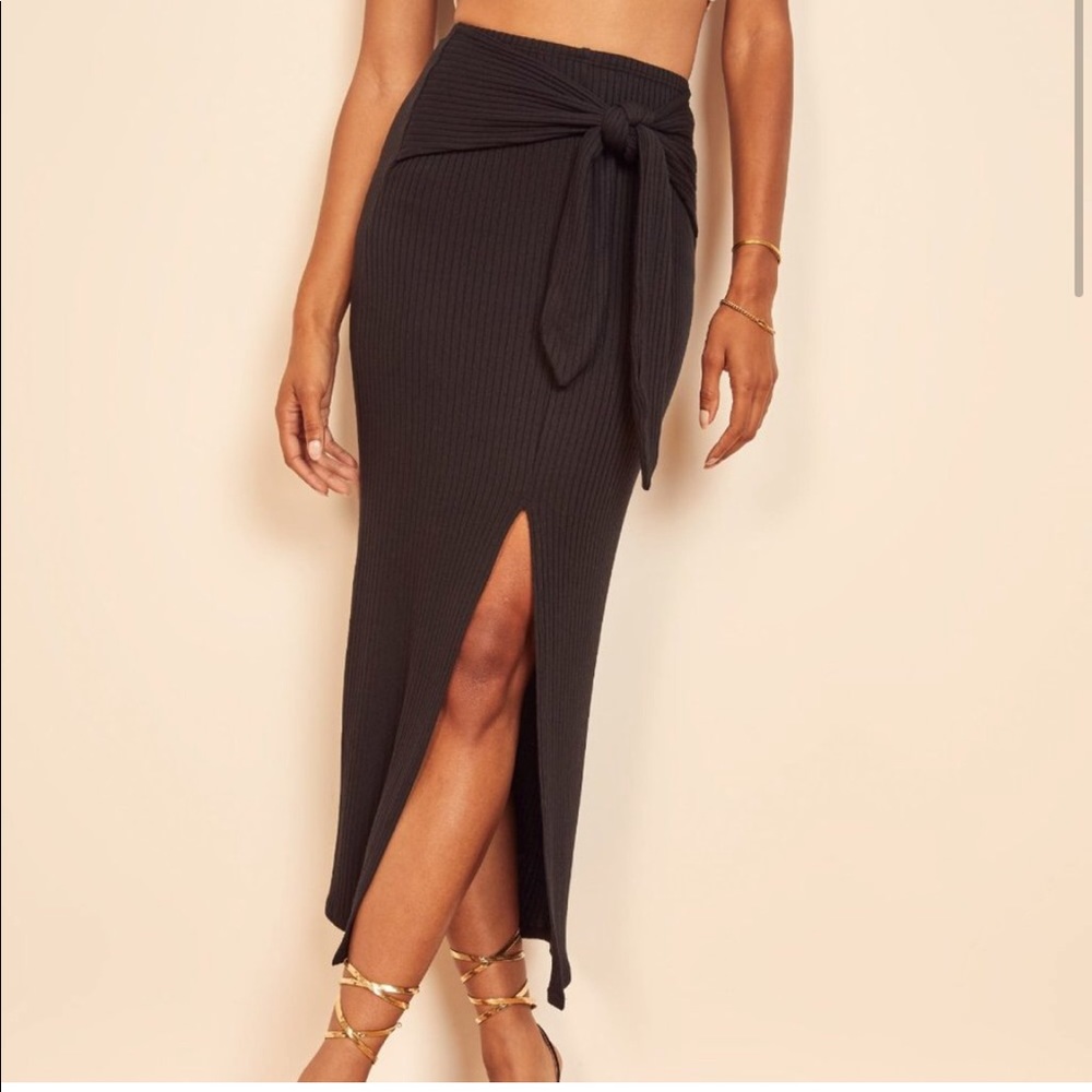 Reformation Fannie Ribbed Midi Skirt, center slit & tie waist
